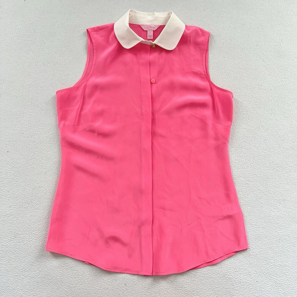 Lilly Pulitzer Women Andria Pink Silk Button Front Sleeveless Blouse Top 48594 S